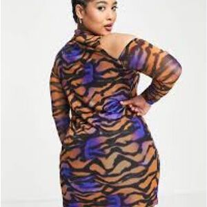 I Saw It First One Shoulder Mesh Body Con Zebra Print Dress Black Orange Multi